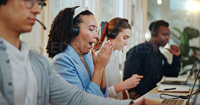 Buy stock photo Woman, yawn and tired worker in call center office, telemarketing agent and employee burnout. Female person, exhausted professional and coworking space for consulting, mental health and fatigue