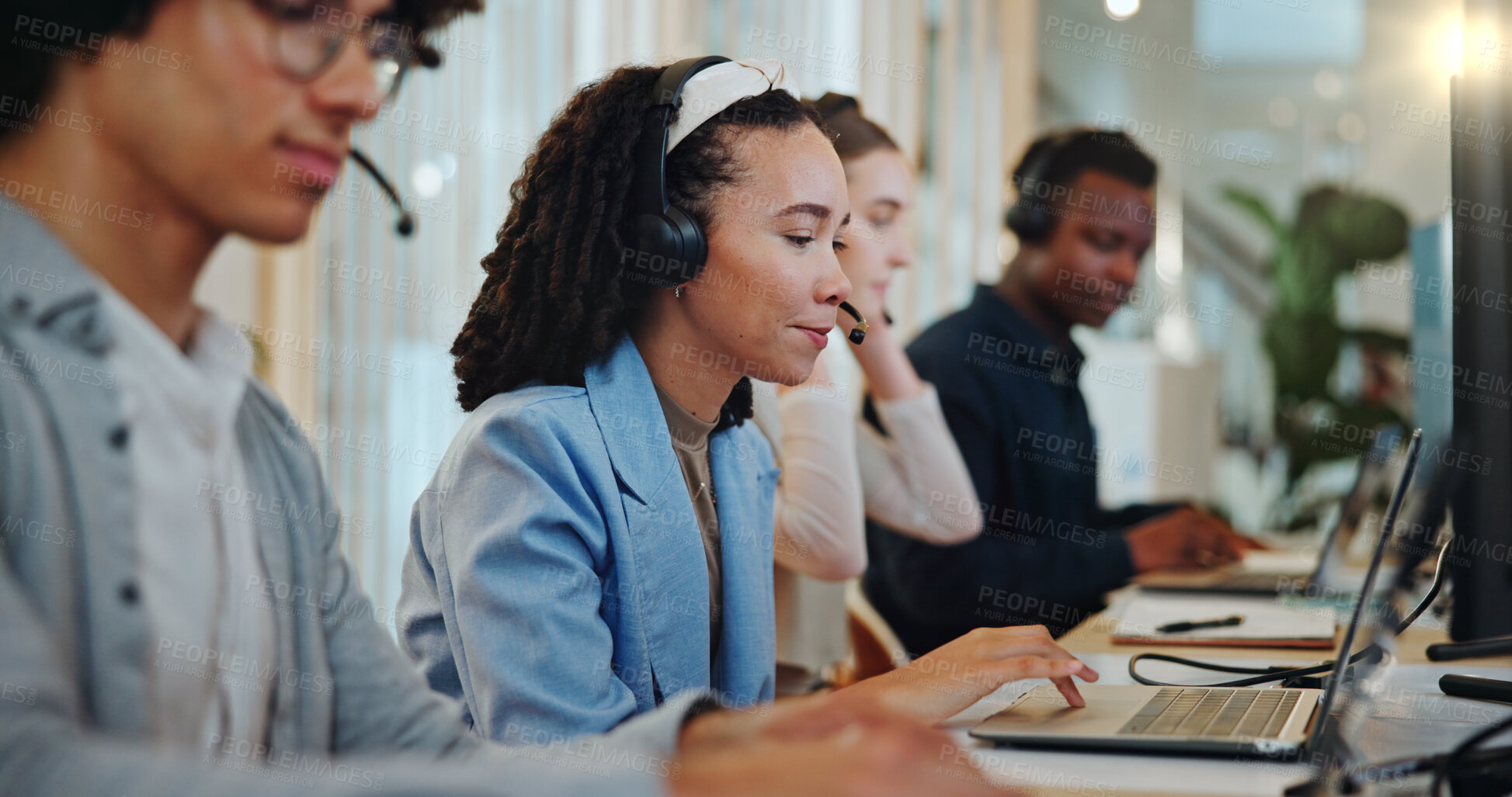 Buy stock photo Woman, laptop and people in call center for customer support, telemarketing and lead generation. Agent, computer and consulting in coworking space for CRM, assistance and advice service at help desk