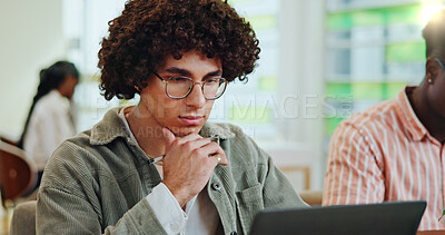 Buy stock photo Study room, students and man with laptop, thinking and online reading for email notification. University, college and guy with computer, campus or ideas with assignment, education or problem solving