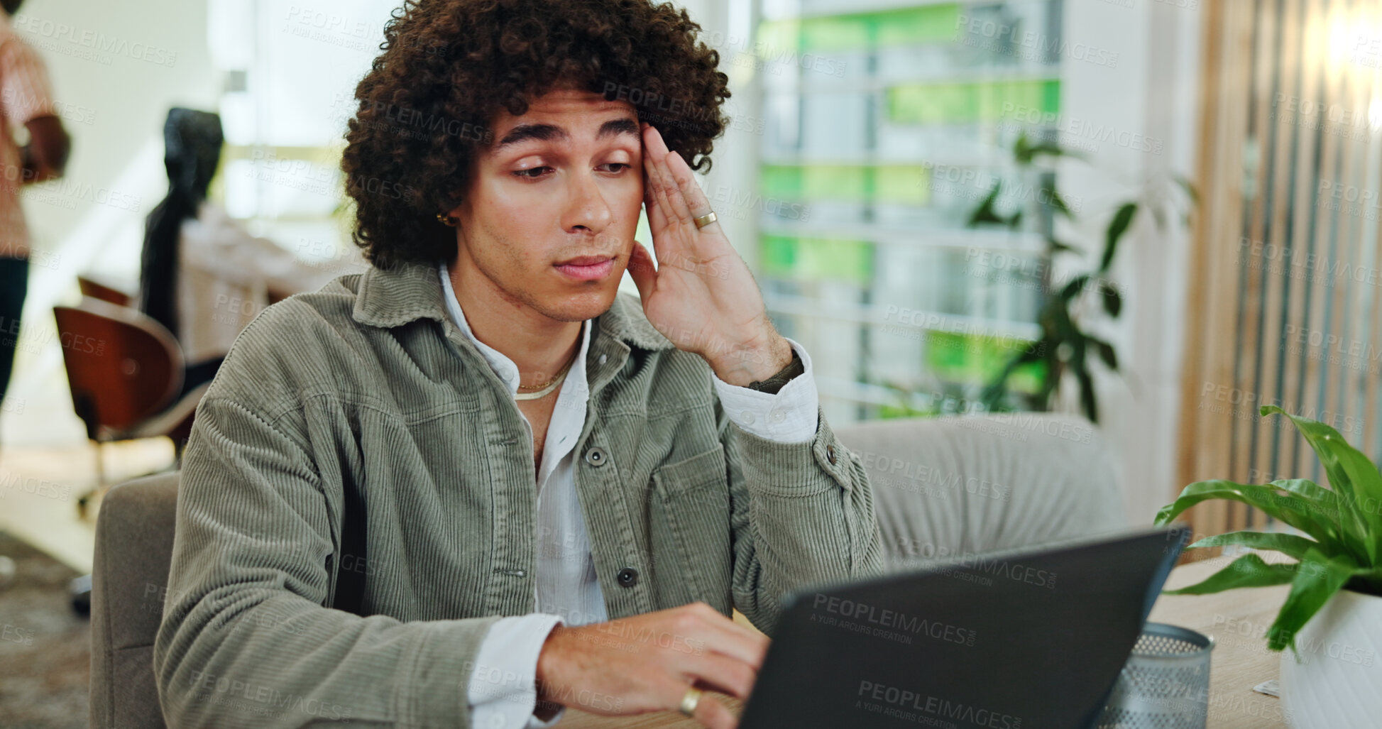 Buy stock photo School, tired student and man on laptop for online research, studying and learning at college. University, academy and person on computer with burnout for project, assignment and test for education