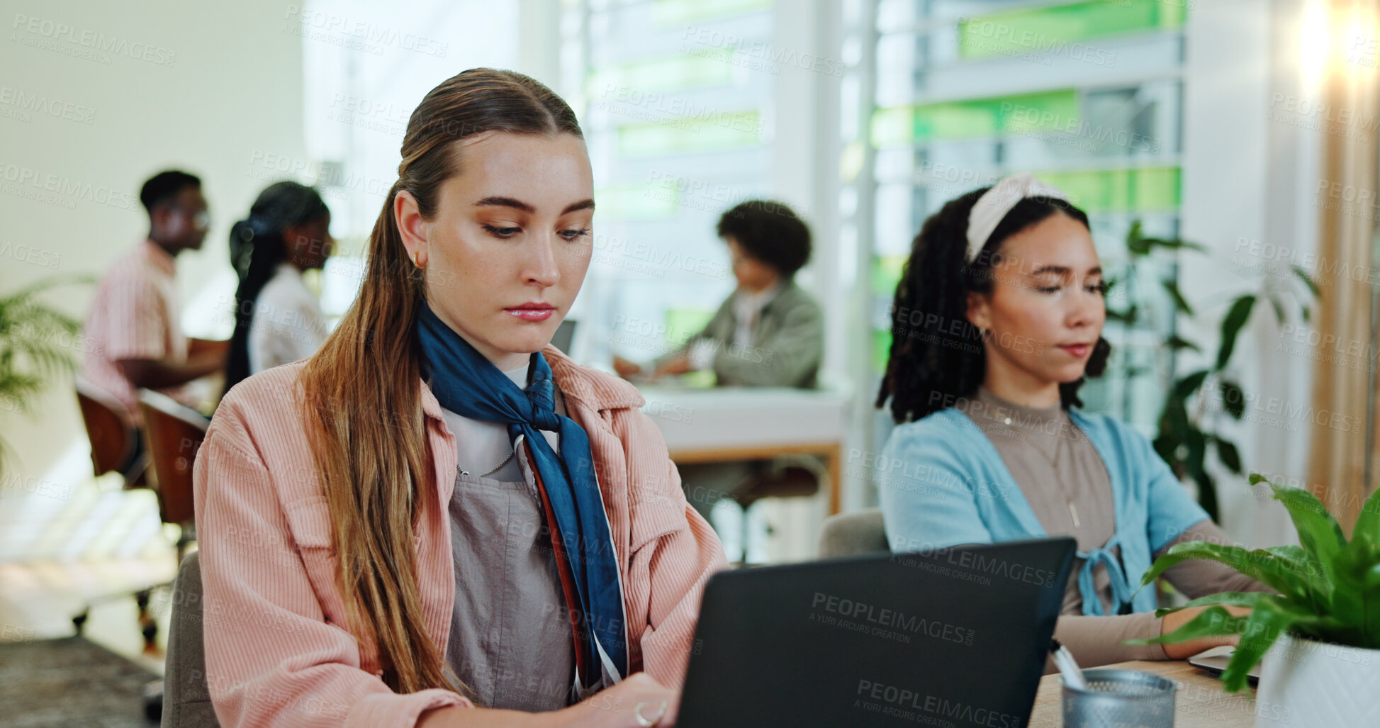 Buy stock photo Laptop, typing and woman in coworking space for online search, article and creative business people. Technology, writing and web designer in office with computer, desk and team at digital agency