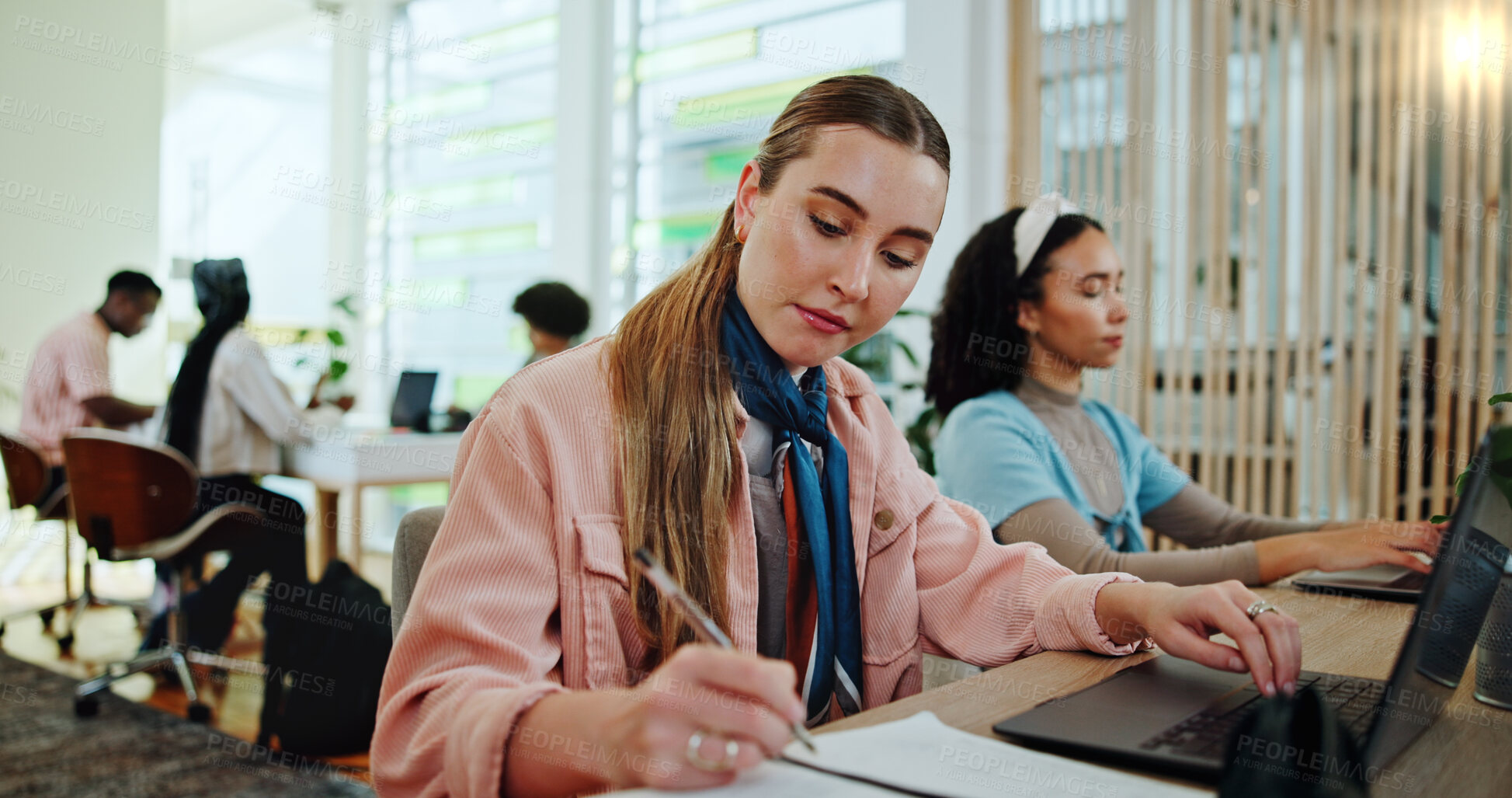 Buy stock photo School, writing and woman on laptop in library for online research, studying and learning at college. University, academy and person on computer with books for project, assignment and education