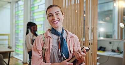 Buy stock photo Business woman, happy and portrait for professional service, confident and career in office. Employee, smile and internship in workplace for job ambition, growth and company development in France
