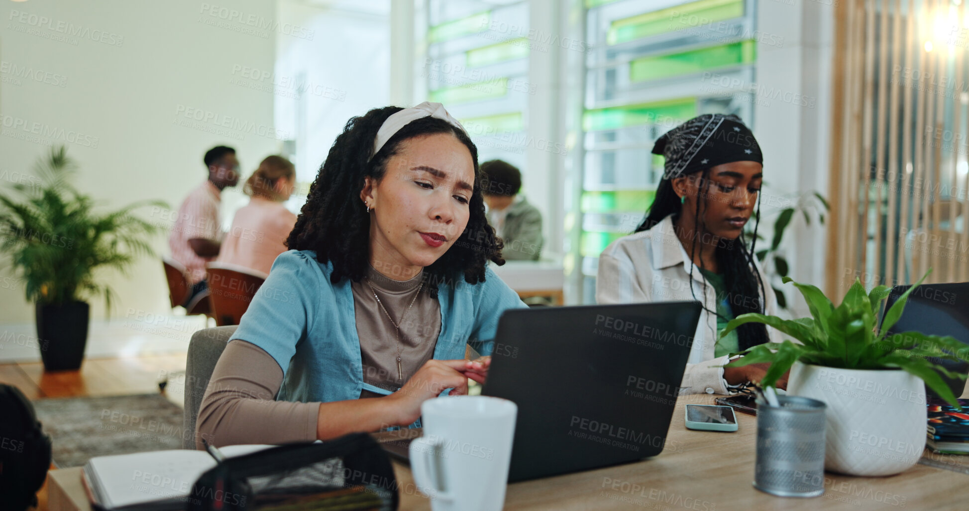 Buy stock photo Research, thinking and laptop with woman in study lounge for confused, elearning and college. University student, brainstorming and project decision with person on campus for scholarship, why or idea