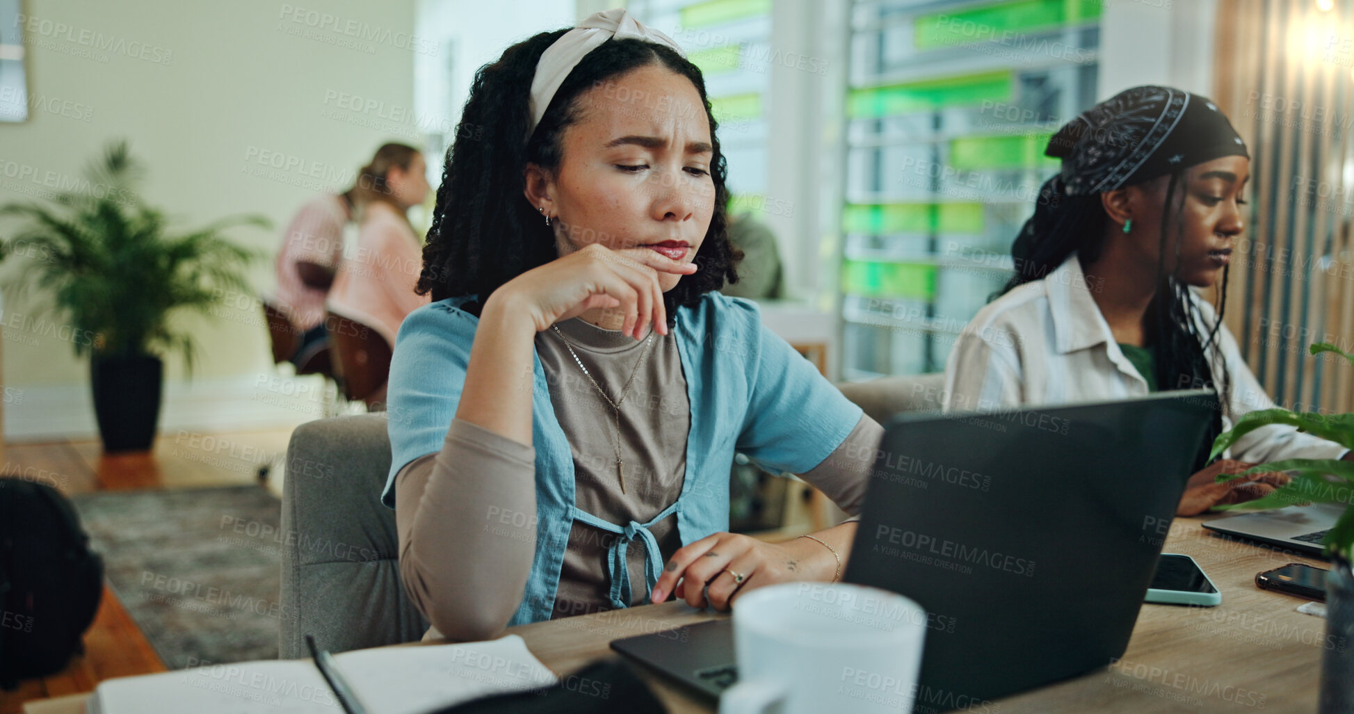 Buy stock photo Confused, students and woman with ideas, laptop and online reading for email notification. University, college and people with pc, frustrated or girl with assignment, education or mistake with stress