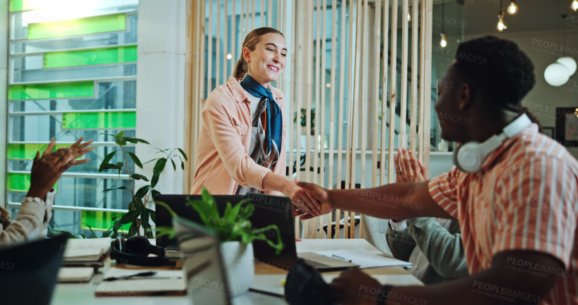 Buy stock photo Campus, group and students with handshake for education, english project and support in collaboration. College, people and friends with shaking hands for welcome, agreement and applause for teamwork