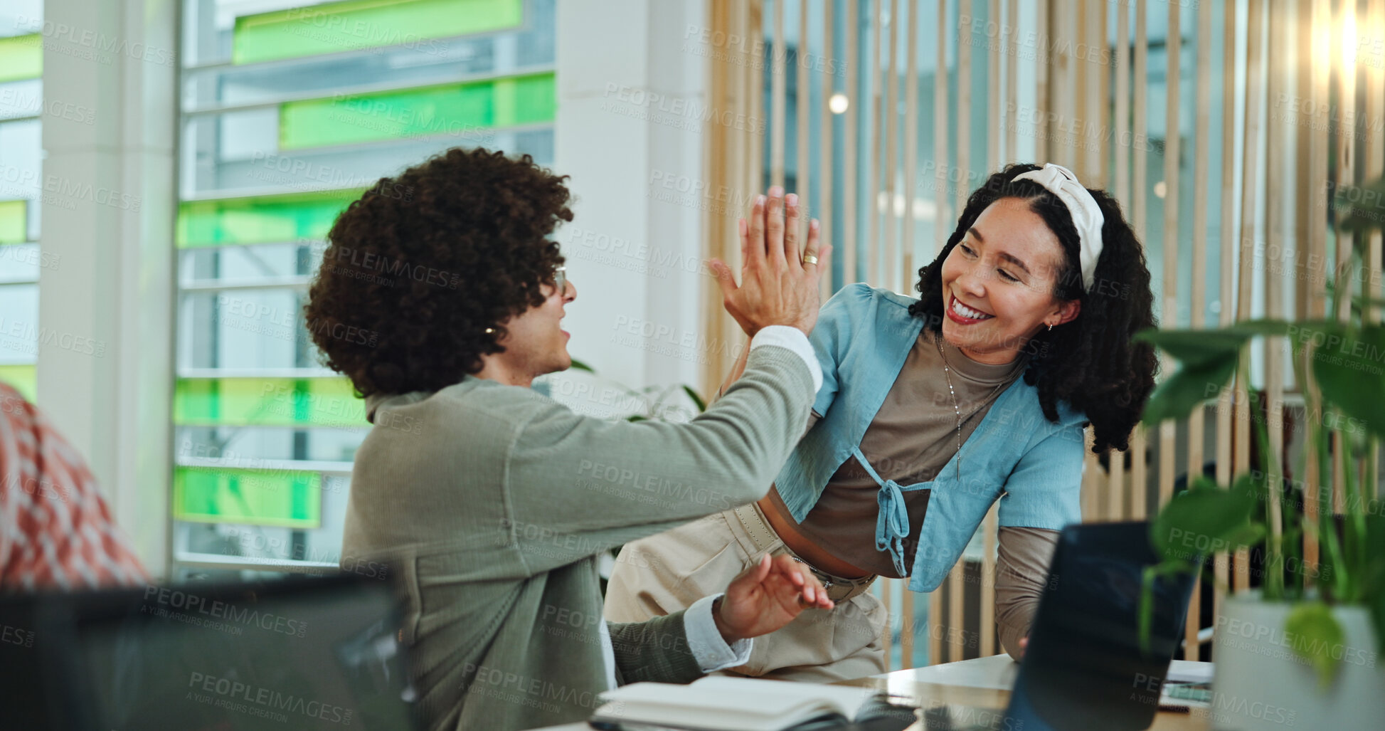 Buy stock photo College, smile and students with high five for education, english project or celebrate for exam score. Campus, people or friends with hand gesture for support, test results or solidarity for teamwork