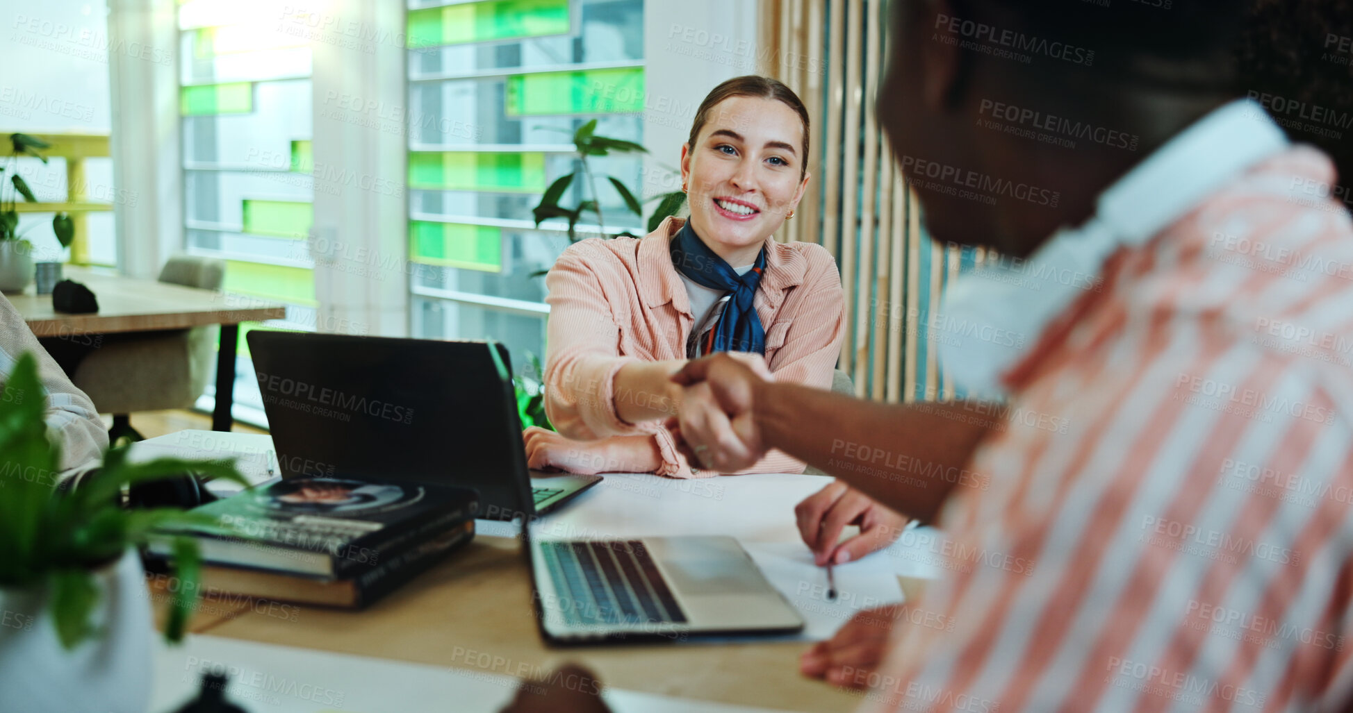 Buy stock photo Campus, collaboration and students with handshake for education, english project and studying success. College, friends and woman with shaking hands for welcome, agreement and thank you for teamwork
