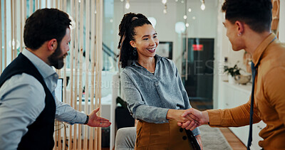 Buy stock photo Man, woman and shaking hands with smile at meeting in office, welcome and collaboration at media company. Business people, group and handshake with b2b agreement, deal and thanks at creative agency