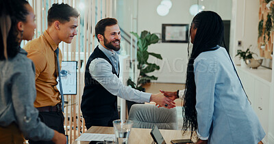 Buy stock photo Business man, woman and handshake in office with team for welcome, smile and collaboration at media company. People, group and shaking hands with b2b agreement, deal and happy at creative agency