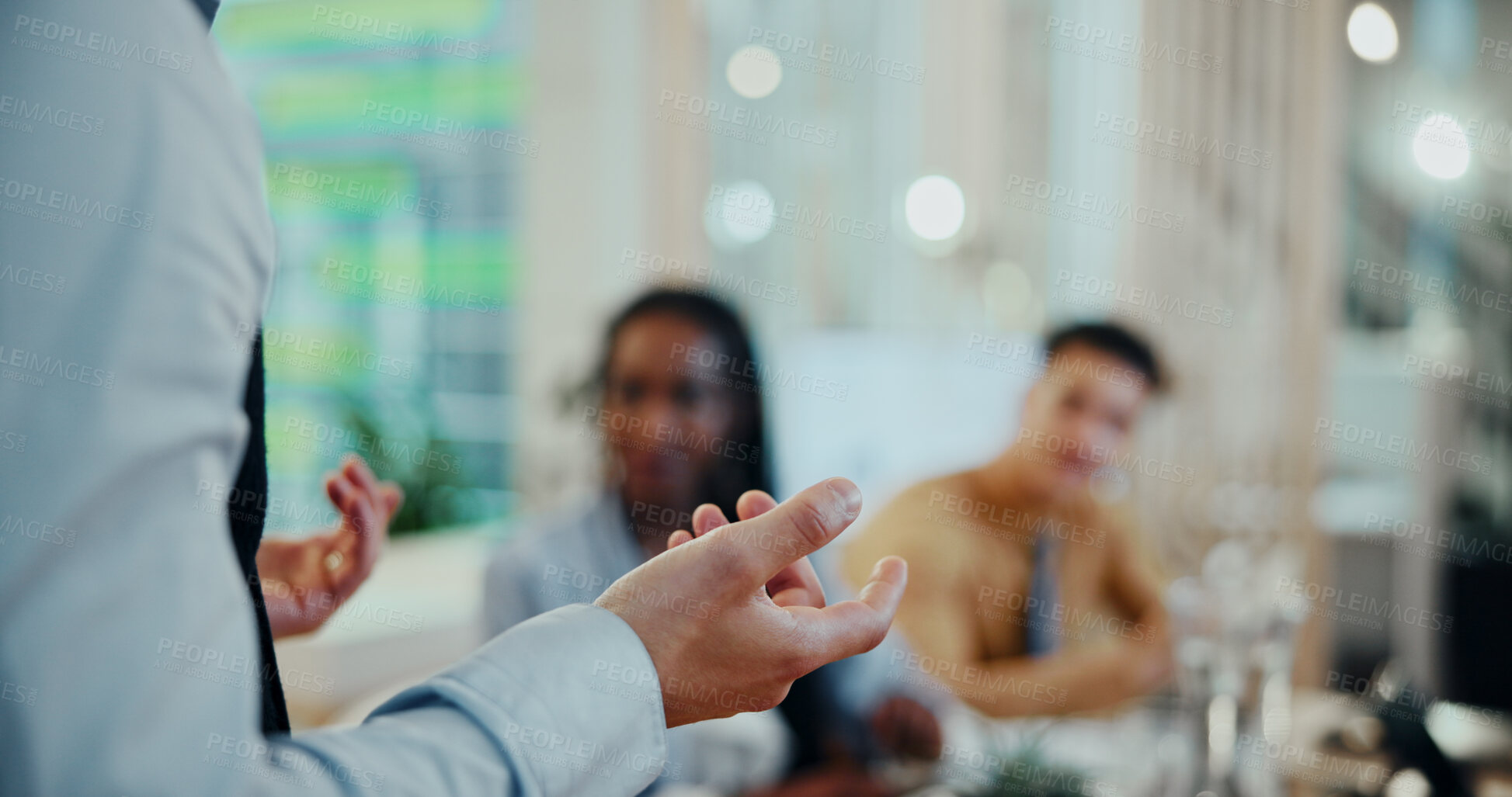 Buy stock photo Business, person and hands for presentation at office on seminar for feedback, report and progress for company growth. Employees, people and closeup in boardroom for pitch at workshop and teamwork