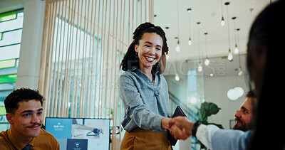 Buy stock photo Women, shaking hands and happy meeting in office for welcome, smile and collaboration at media company. Business people, group and handshake with b2b agreement, deal and thanks at creative agency