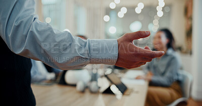 Buy stock photo Hand, back and meeting in office with person, group or presentation for feedback at startup company. Speaker, leader and team in boardroom for discussion, planning or brainstorming at creative agency