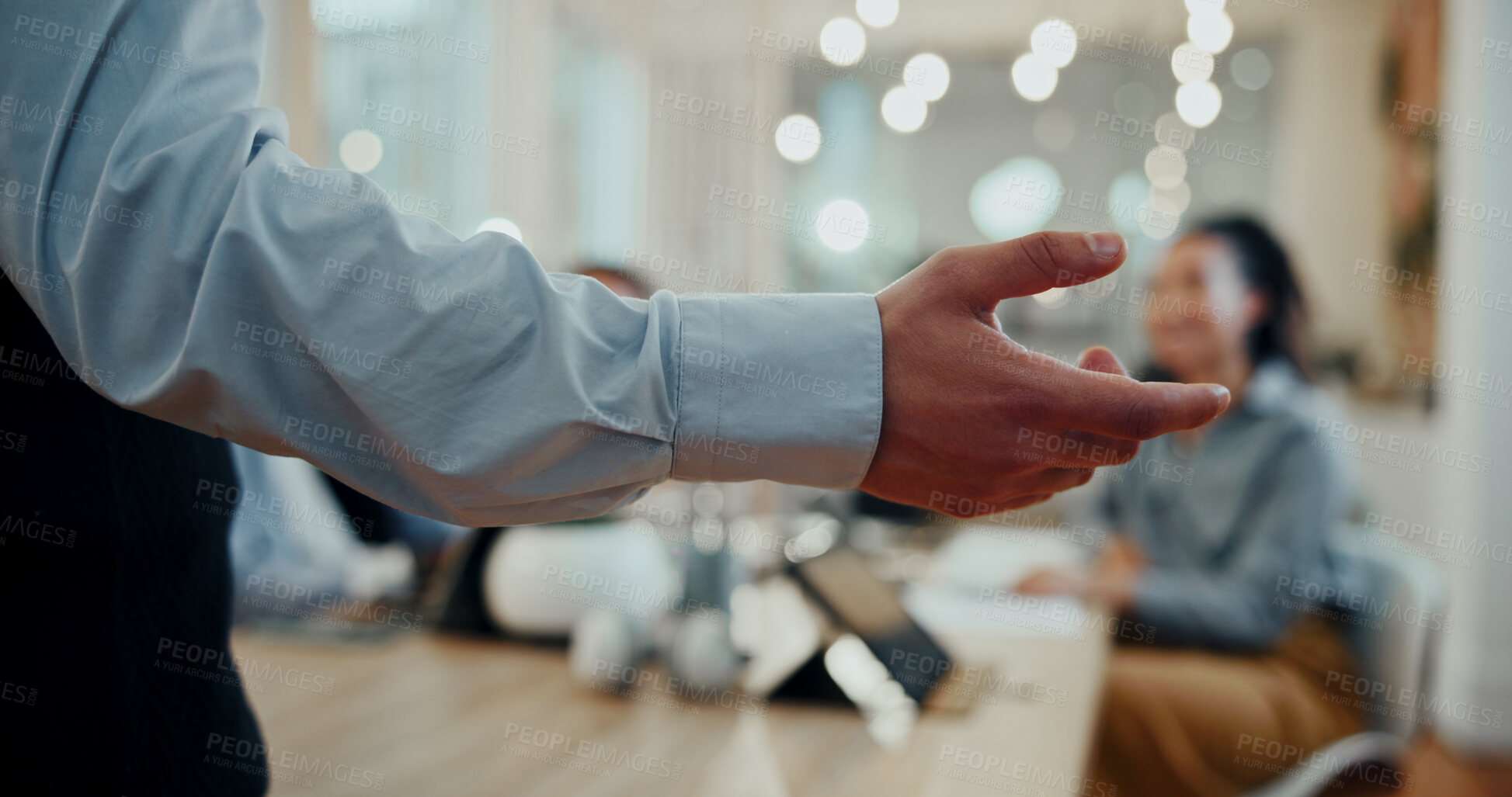 Buy stock photo Hand, back and meeting in office with person, group or presentation for feedback at startup company. Speaker, leader and team in boardroom for discussion, planning or brainstorming at creative agency