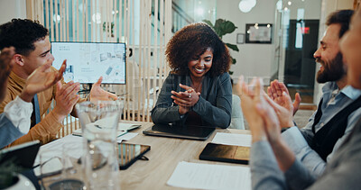 Buy stock photo Business, people and happy with applause at office for success and achievement on project as graphic designer. Presentation, boardroom and employees with clapping hands for congratulations on pitch