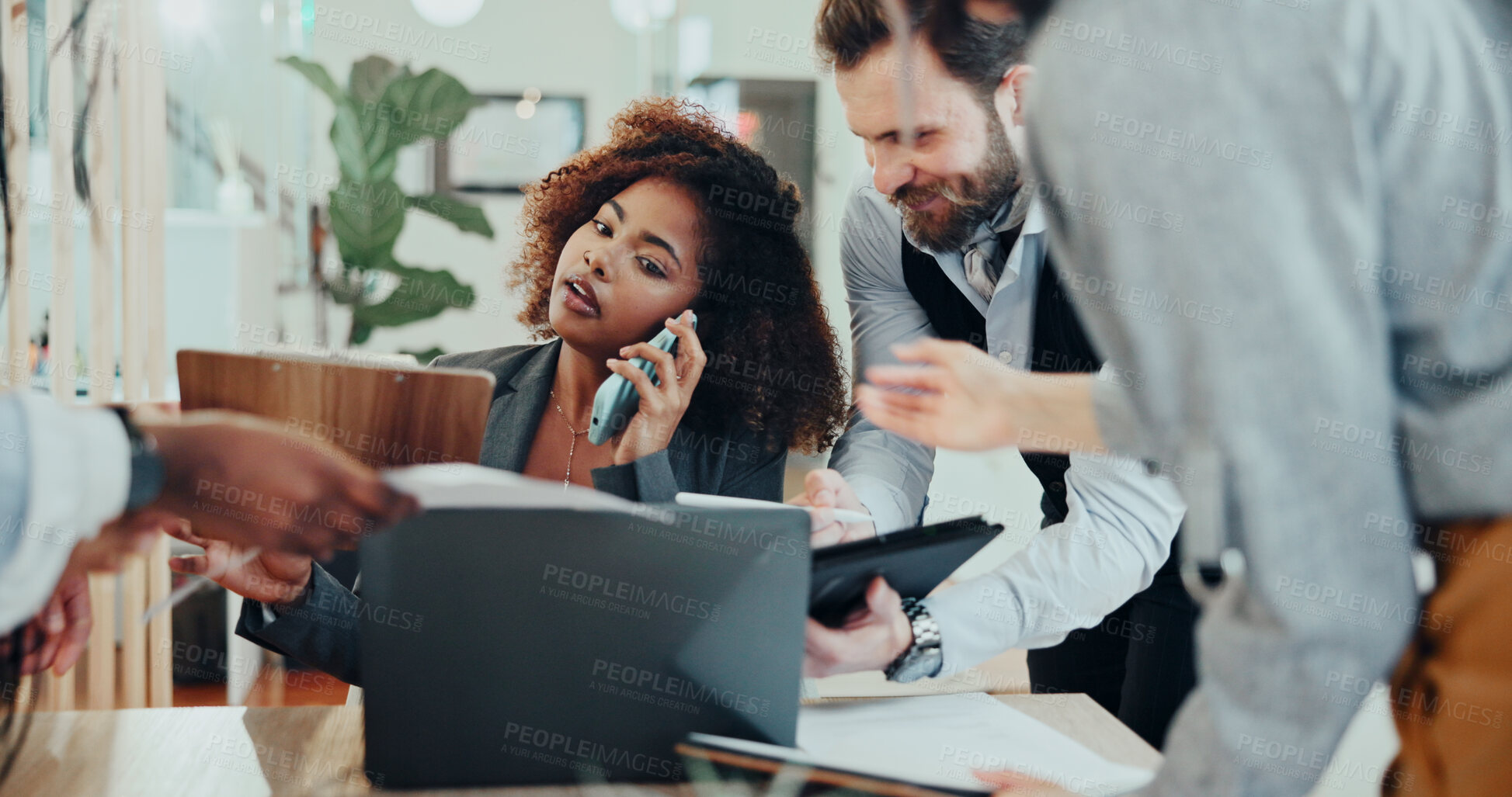 Buy stock photo Phone call, overworked and busy with business woman in office for deadline, chaos and project management. Teamwork, overwhelmed and stress with people in agency for overtime, frustrated and burnout