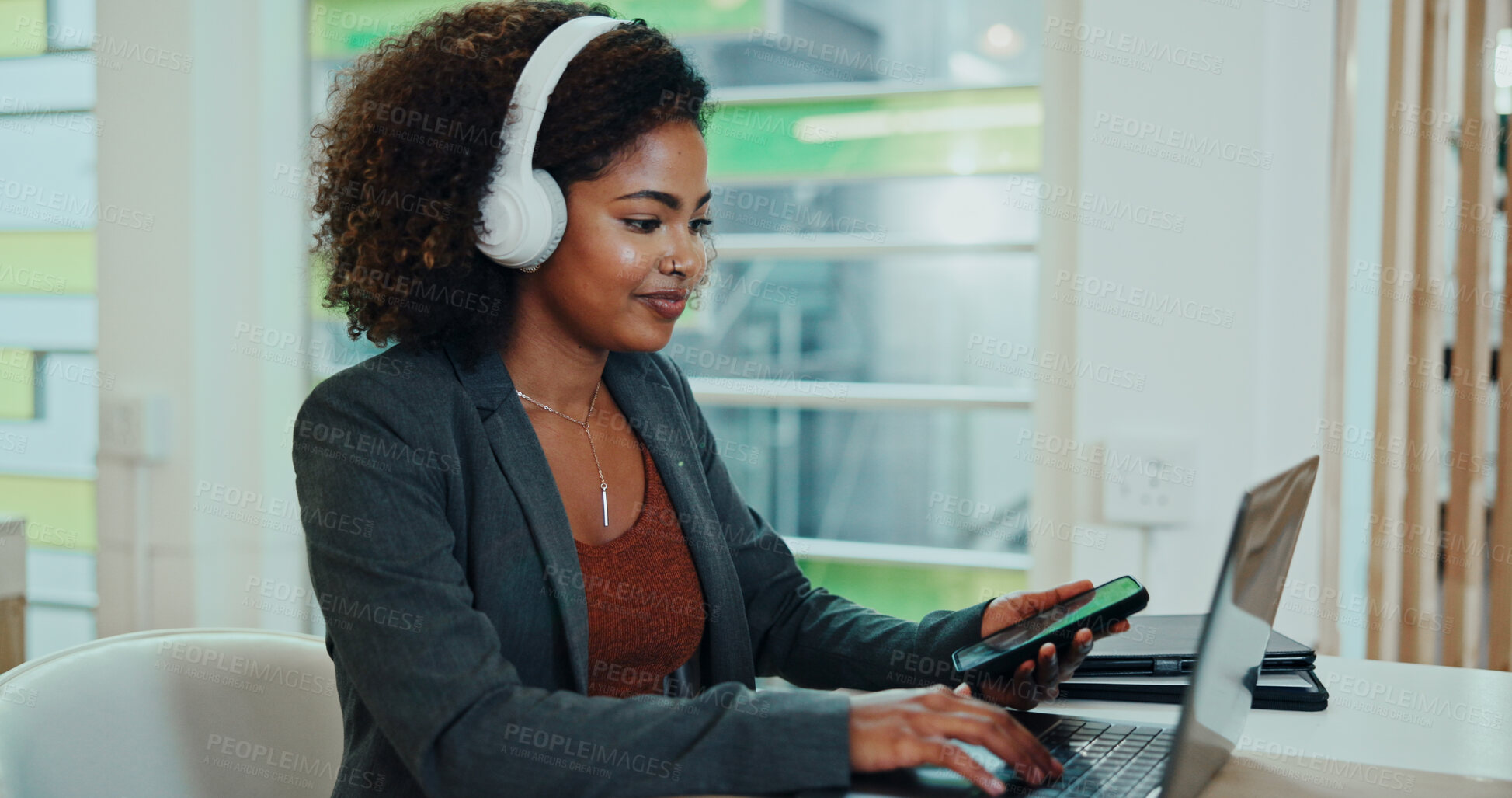 Buy stock photo Business, woman and smile on laptop with headphones at office for project deadline as website designer. Female person, employee and happy on internet or online for creative ideas on radio and podcast