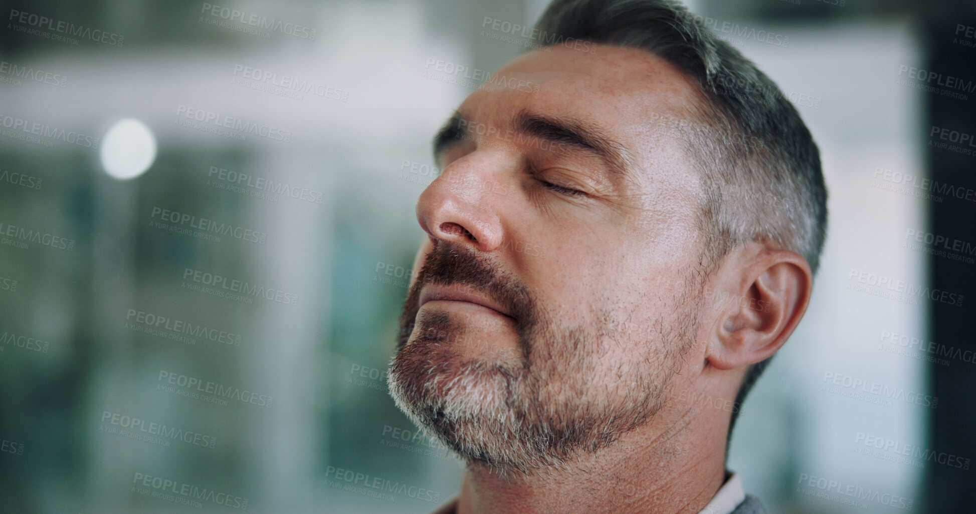 Buy stock photo Relax, thinking and mature man in office with ideas, business plan and brainstorming for solution. Sleep, tired and exhausted face of businessman with fatigue, problem solving and risk management