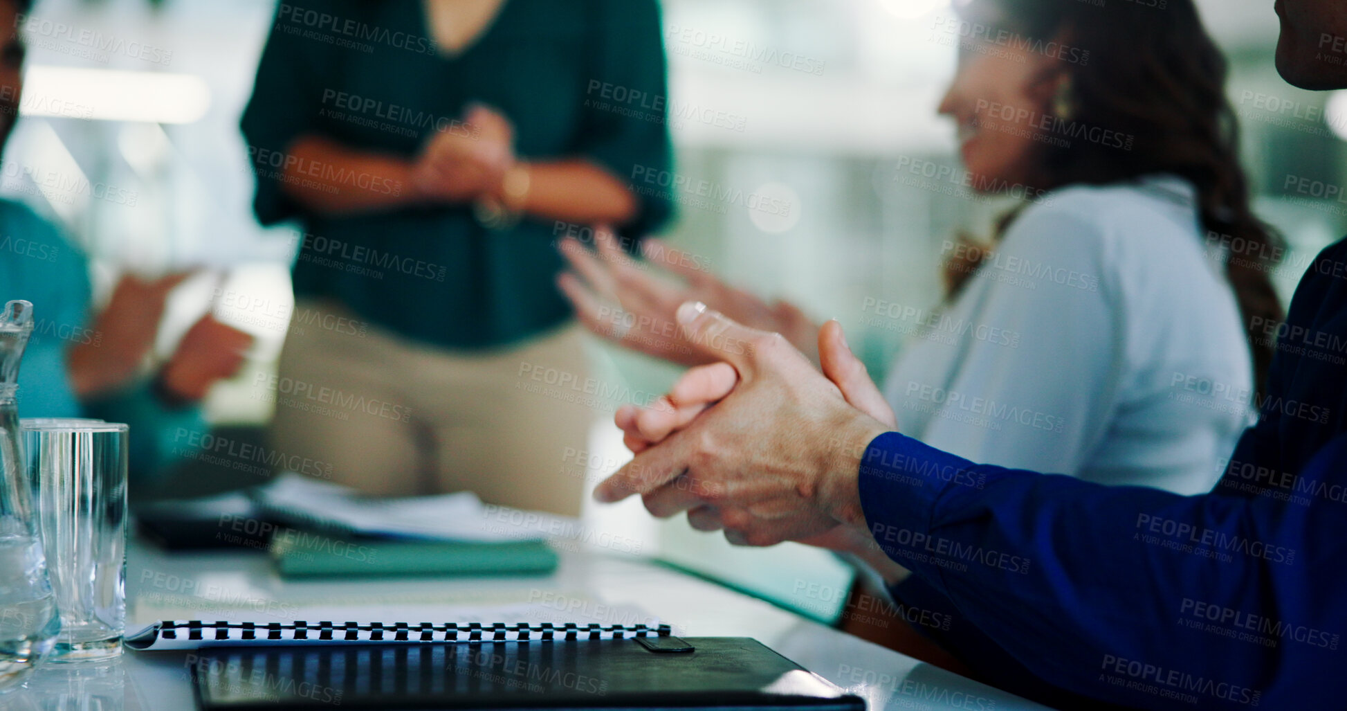 Buy stock photo Business people, boardroom and applause for success in meeting, event and conference for training. Employees, team and clapping for motivation or support for achievement, cheer and crowd in office