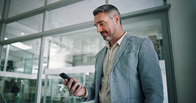 Buy stock photo Businessman, phone and office for email notification, contact client and reading news report. Male person, accountant and online for economy update in workplace, trading website and communication