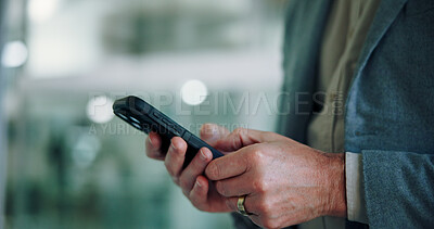 Buy stock photo Businessman, phone and hands in office for networking, contact client and search news report. Male person, accountant and online for economy update in workplace, trading website and communication