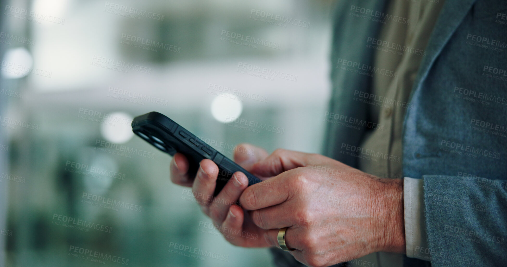 Buy stock photo Businessman, phone and hands in office for networking, contact client and search news report. Male person, accountant and online for economy update in workplace, trading website and communication