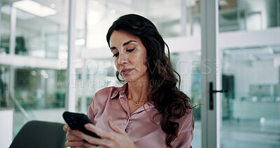 Buy stock photo Woman, phone and office for typing email, contact client and reading news notification. Female person, accountant and online for economy update in workplace, trading website and communication on app