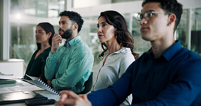 Buy stock photo Business, meeting and staff listening in presentation with training seminar for management team in office. Public relations, diversity and professional people in boardroom for project planning in row