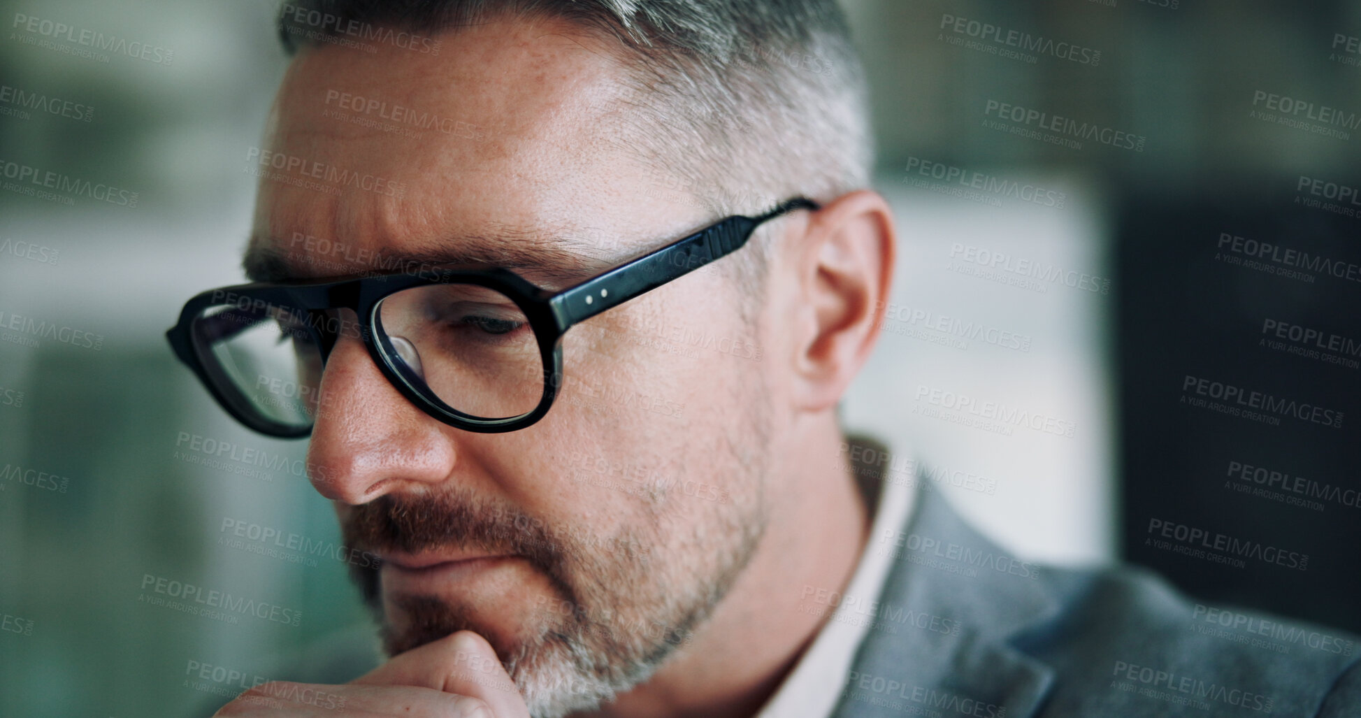 Buy stock photo Glasses, thinking and mature man in office with idea, business plan or brainstorming for solution. Doubt, vision and face of businessman with inspiration, problem solving and focus on risk management