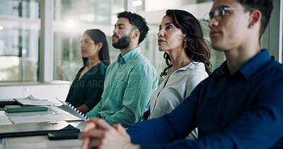 Buy stock photo Business, meeting and group listening in presentation with training seminar for management team in office. Public relations, diversity and professional people in boardroom for project planning in row