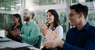 Buy stock photo Business people, meeting and applause for success at seminar, event and conference for training. Employees, team and clapping for motivation or support for achievement, cheer and crowd in office