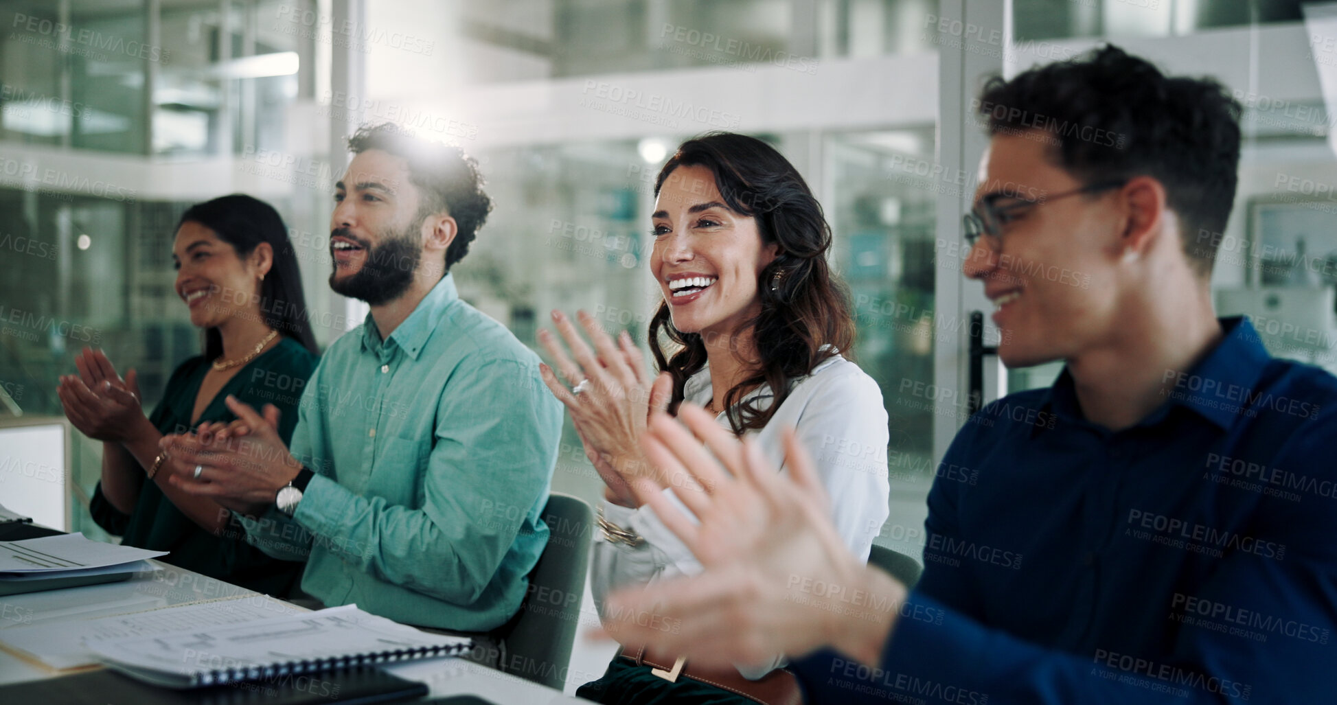 Buy stock photo Business people, meeting and applause for success at seminar, event and conference for training. Employees, team and clapping for motivation or support for achievement, cheer and crowd in office