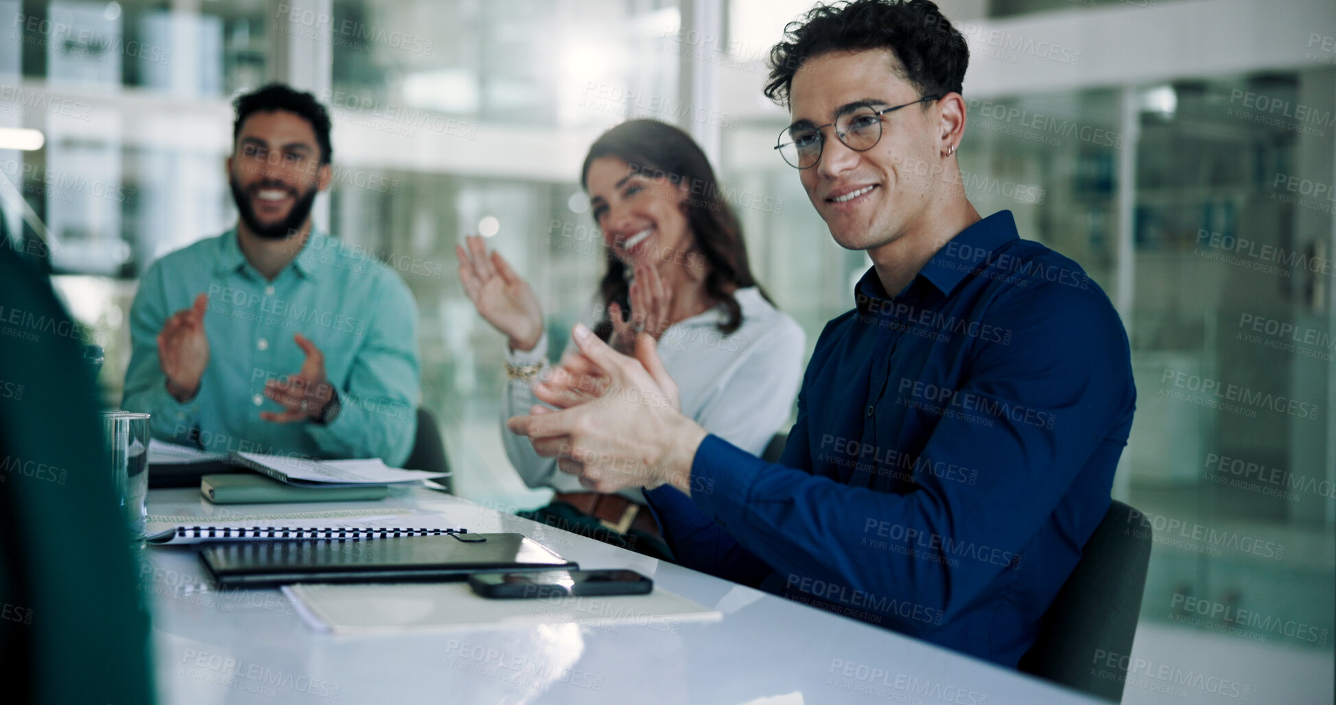 Buy stock photo Business people, meeting and clapping for success in boardroom, event and conference for training. Employees, team and applause for motivation or support for achievement, cheer and crowd in office