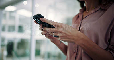 Buy stock photo Woman, phone and hands for office email, contact client and search news report on app. Female person, accountant and online for economy update in workplace, trading website and communication feedback