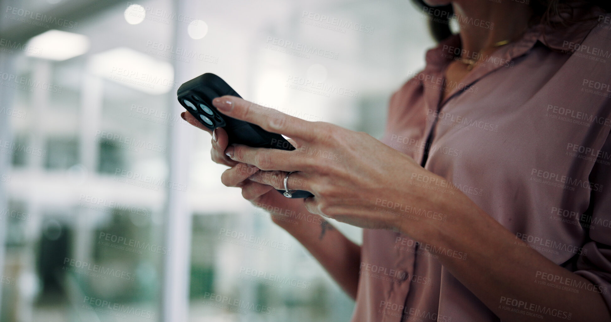 Buy stock photo Woman, phone and hands for office email, contact client and search news report on app. Female person, accountant and online for economy update in workplace, trading website and communication feedback