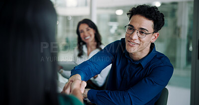 Buy stock photo Handshake, corporate and business people in meeting for hiring, recruitment and b2b partnership. Professional, office and men and women with gesture for agreement, congratulations and thank you