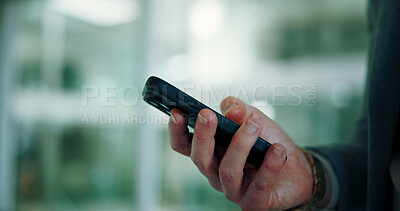 Buy stock photo Businessman, phone and hands for office notification, contact client and search news report. Male person, accountant and online for economy update in workplace, trading website and communication