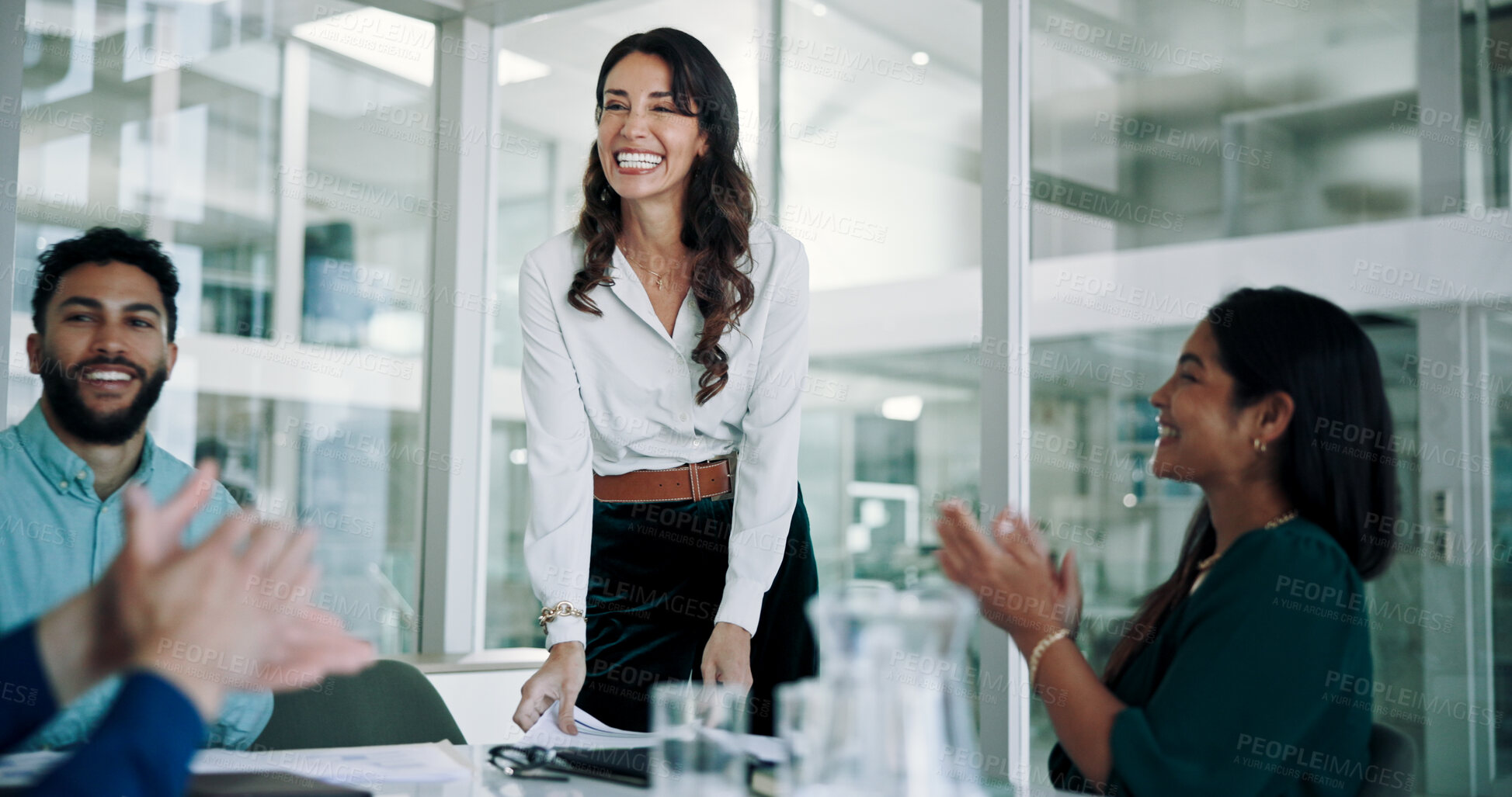 Buy stock photo Meeting, applause and business people in office with woman, winning and project management success. Growth, development and team in conference room for workshop, solidarity and celebration of ideas