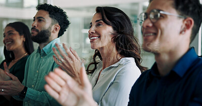 Buy stock photo Business people, audience and applause for success at seminar, event and conference for training. Employees, team and clapping for motivation or support for achievement, cheering and crowd in office