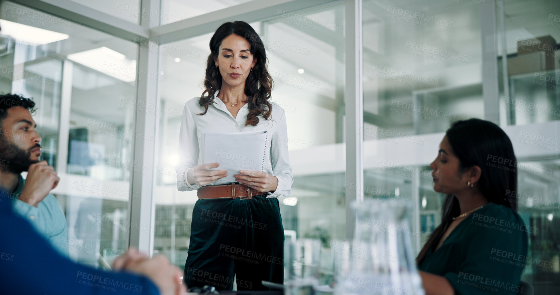 Buy stock photo Meeting, presentation and woman in office with ideas, report and proposal for project management. Growth, development and business people in conference room for discussion, support or team planning