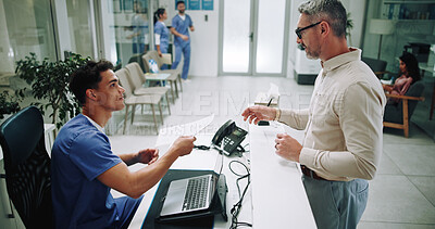 Buy stock photo Hospital, nurse and mature man in lobby with paperwork for appointment, consultation and medical service. Healthcare, clinic and patient at admin desk for insurance, application form and documents