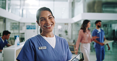 Buy stock photo Nurse, tablet and smile and portrait with woman in hospital for patient files, digital schedule and medical network. Telehealth, insurance and planning with person in clinic for healthcare and report