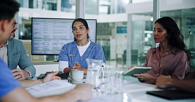 Buy stock photo Meeting, team and doctor in boardroom for medical, healthcare and surgery strategy talk. Presentation, conversation and data of hospital results and research with planning and professional people