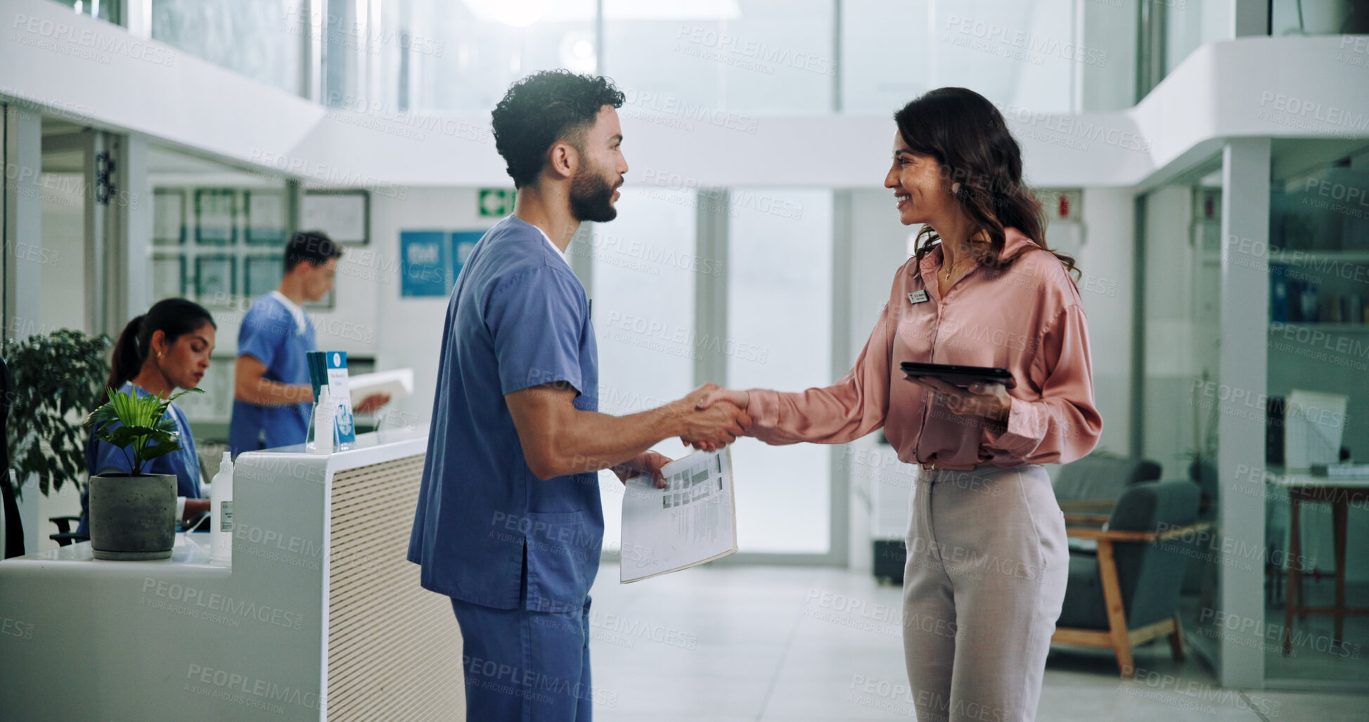 Buy stock photo Doctor, meeting and tablet with handshake for contract, agreement or hiring nurse at hospital. Man, woman or medical colleagues shaking hands for recruitment, deal or teamwork together at clinic