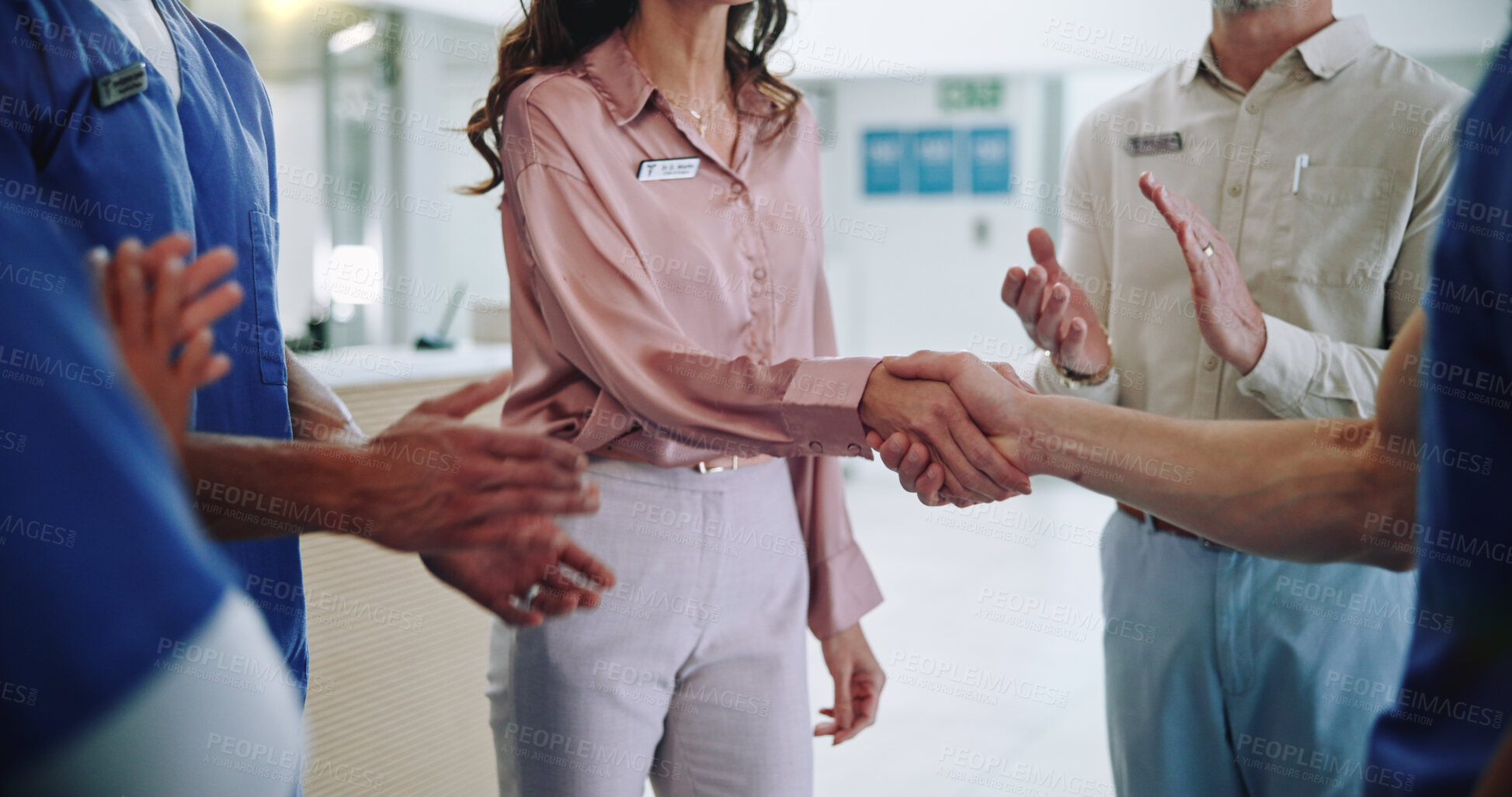 Buy stock photo People, doctor or team with applause for handshake, meeting or congratulations together at hospital. Closeup, group or medical employees shaking hands and clapping for winning, hiring or promotion