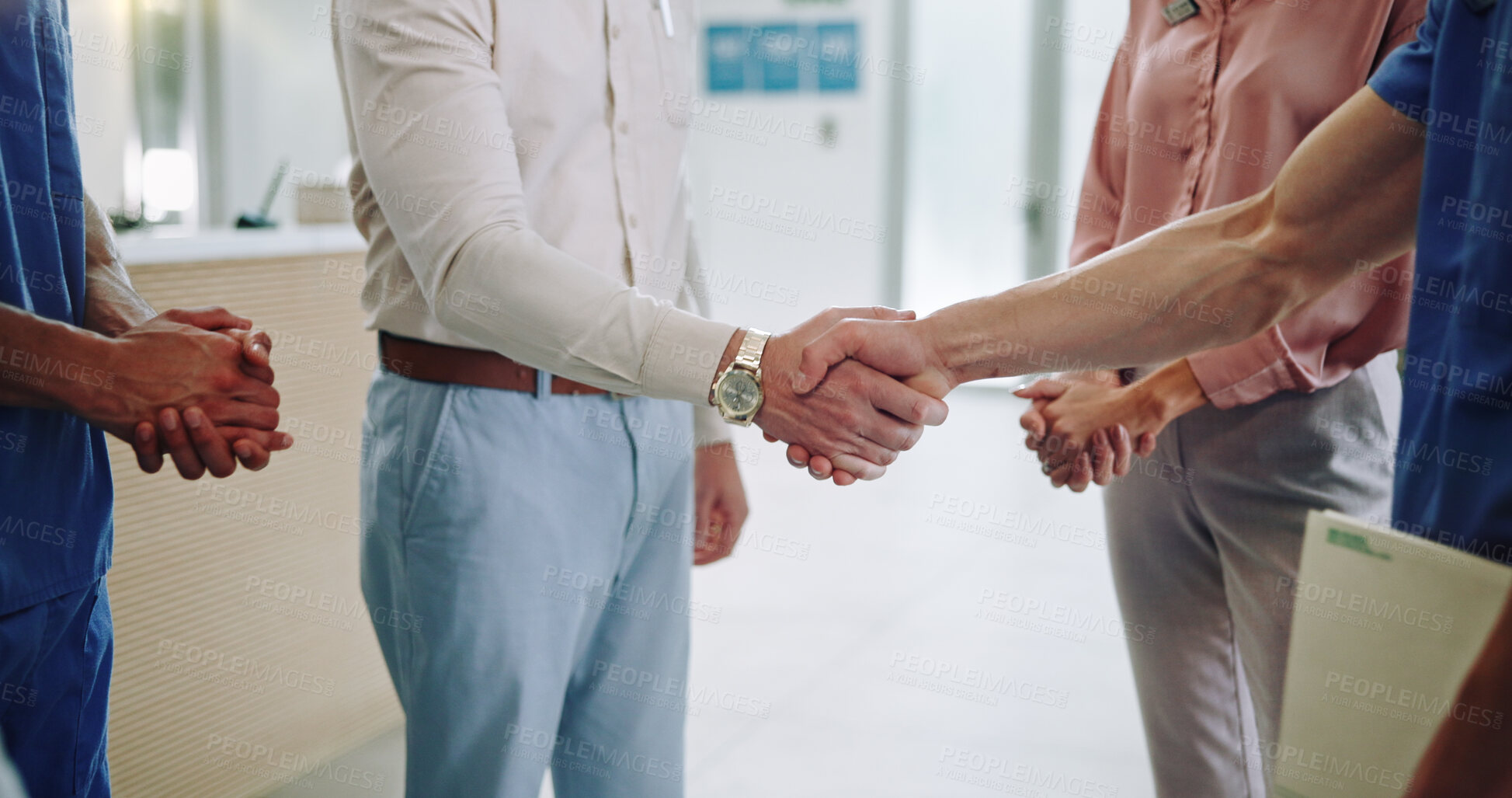 Buy stock photo People, doctor or team with handshake for meeting, agreement or greeting together at hospital. Closeup, group or medical employees shaking hands for health funding, thank you or recruiting at clinic