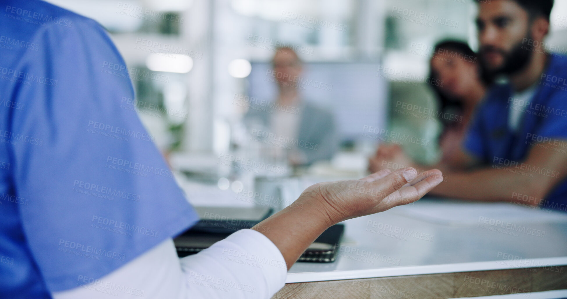 Buy stock photo Doctor, hand and discussion with team in meeting for presentation, collaboration or proposal at office. Person, speaker or medical nurse with group for explanation, question or solution in boardroom