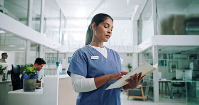 Buy stock photo Nurse, documents and reading with woman in hospital for patient files, schedule and medical information. Wellness, insurance and planning with person in clinic for healthcare and doctor report