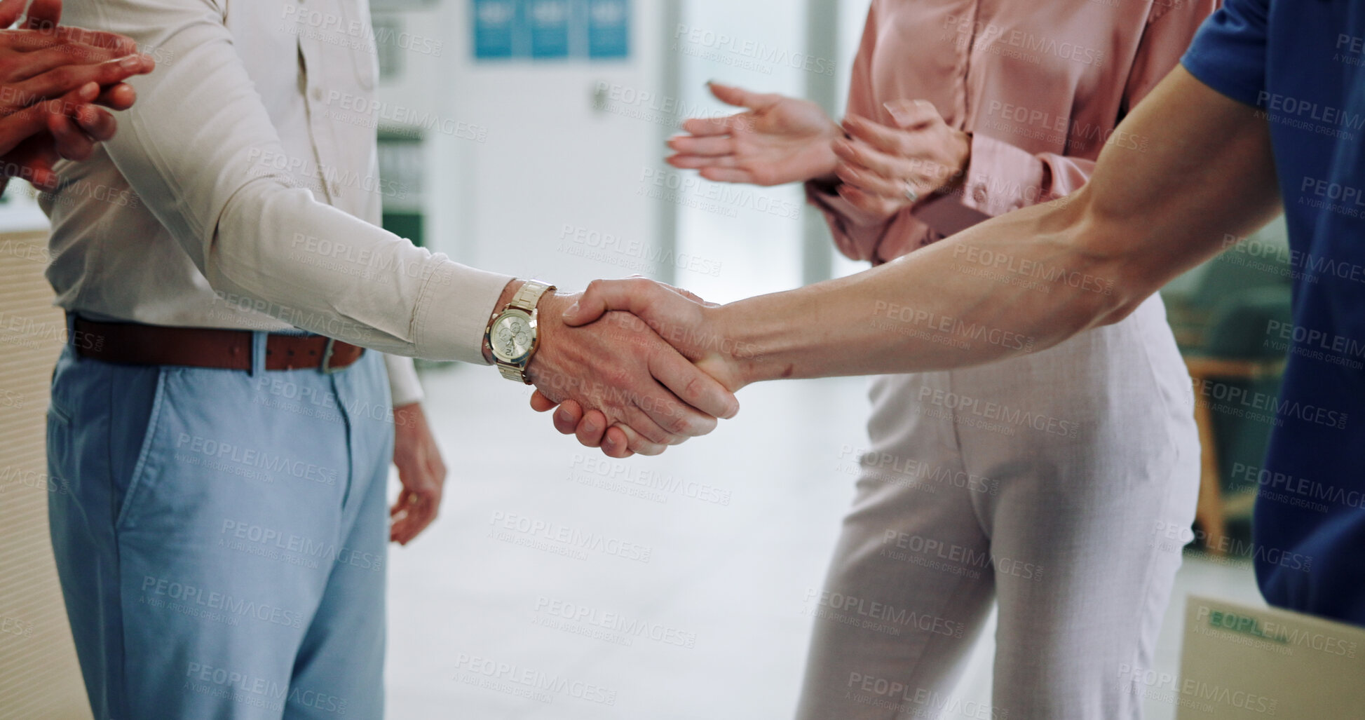 Buy stock photo Group, doctor or team with applause for handshake, meeting or congratulations together at hospital. Closeup, people or medical employees shaking hands and clapping for winning, hiring or promotion