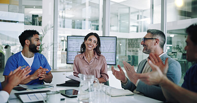 Buy stock photo Happy people, medical team and meeting with applause for congratulations, thank you or winning at conference. Excited, group or healthcare employees clapping with smile for promotion in boardroom